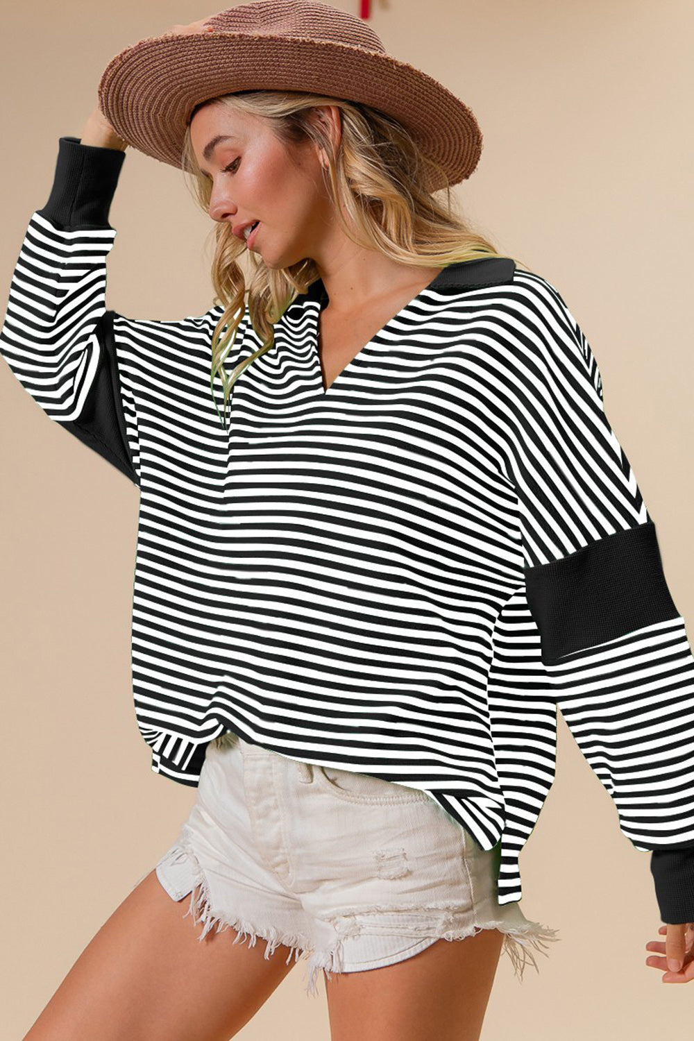 BiBi Striped Contrast Long Sleeve Knit Top-TOPS / DRESSES-[Adult]-[Female]-Black-S-2022 Online Blue Zone Planet