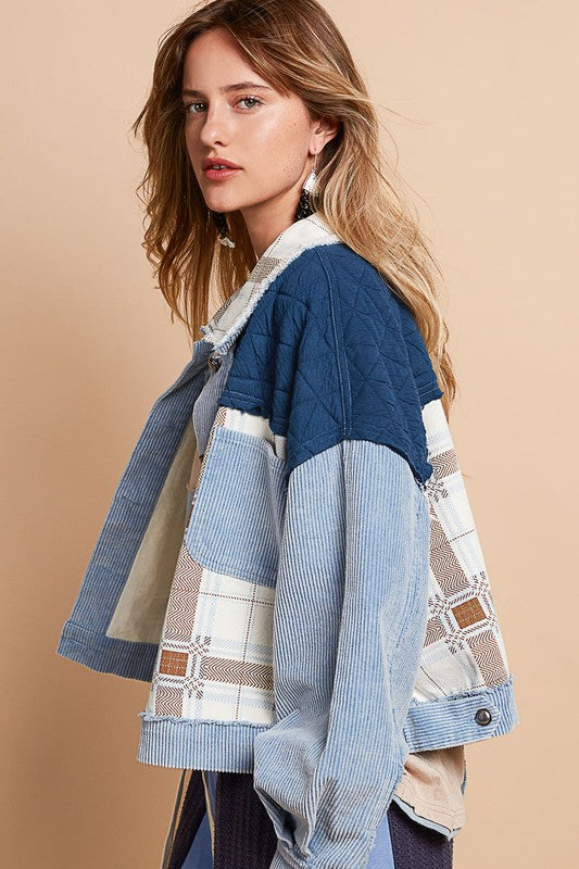 POL Corduroy Jacquard Patchwork Button Up Jacket-TOPS / DRESSES-[Adult]-[Female]-2022 Online Blue Zone Planet