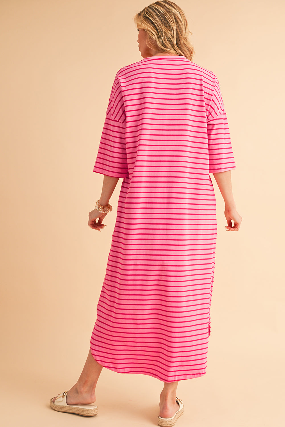 Strawberry Pink Striped Drop Sleeve Loose Dress-Maxi Dresses-[Adult]-[Female]-2022 Online Blue Zone Planet