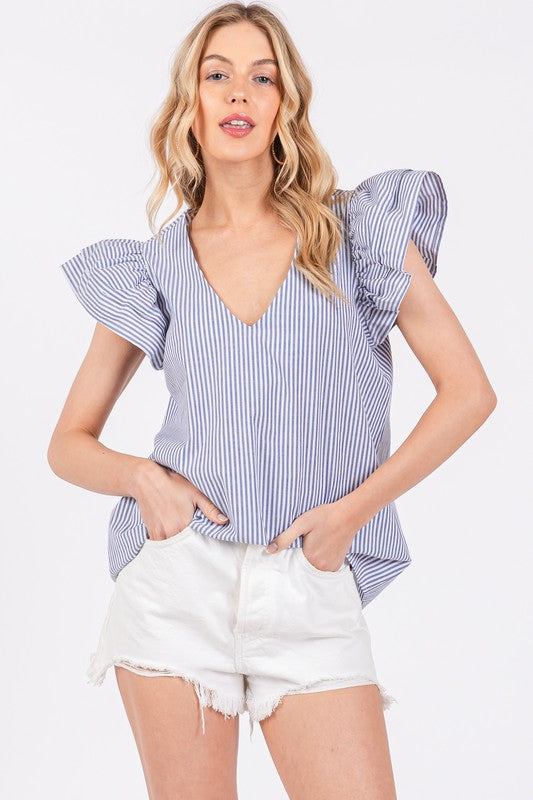 Ces Femme Striped V-Neck Ruffled Cap Sleeve Blouse-TOPS / DRESSES-[Adult]-[Female]-2022 Online Blue Zone Planet