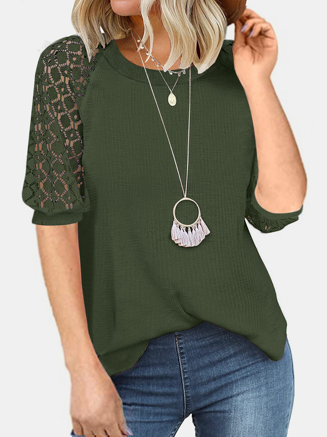 Blue Zone Planet | Lace Detail Round Neck Half Sleeve T-Shirt-TOPS / DRESSES-[Adult]-[Female]-Dark Green-S-2022 Online Blue Zone Planet