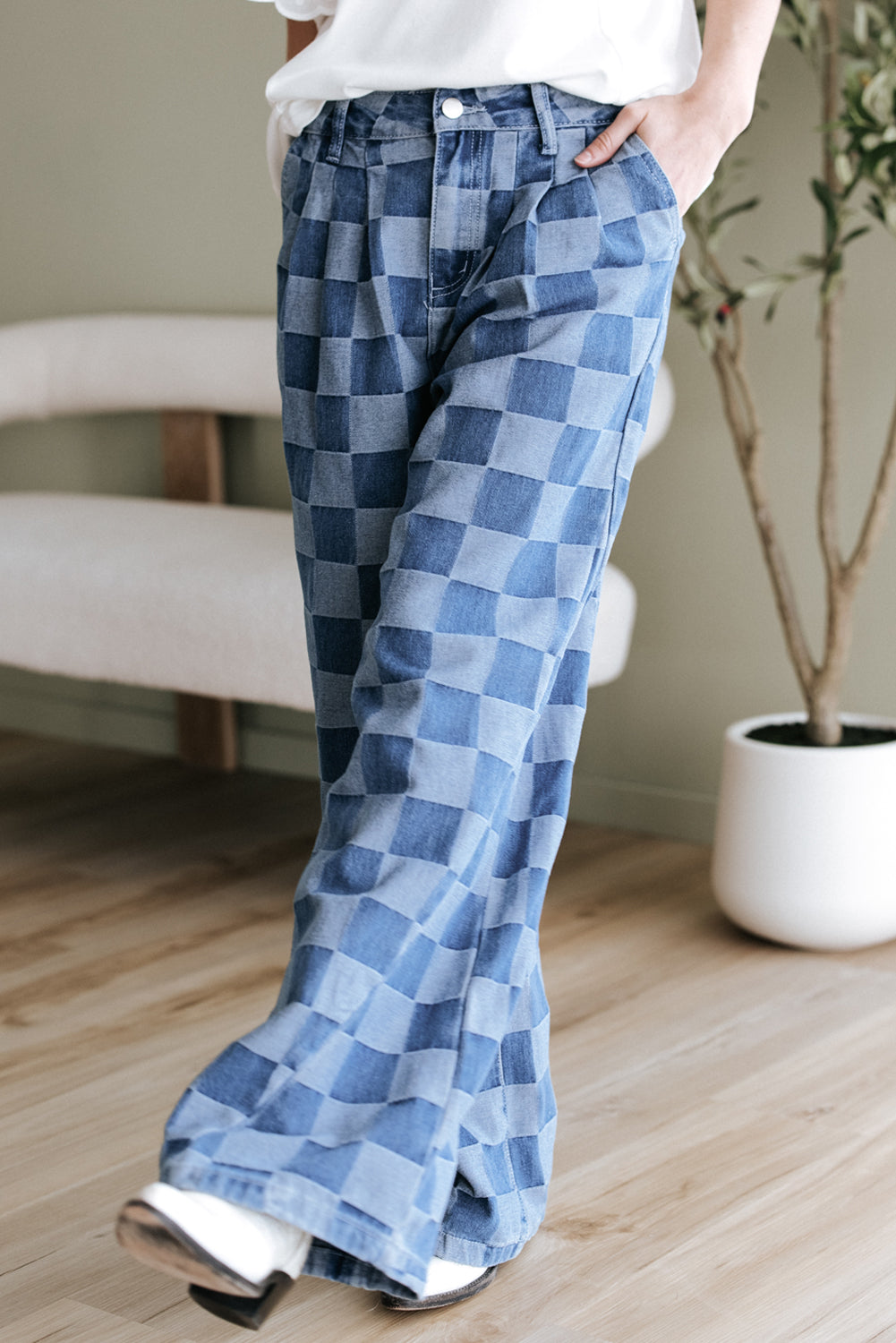 Blue Zone Planet | Dusk Blue Checkered Denim Wide Leg Jeans-Bottoms/Jeans-[Adult]-[Female]-2022 Online Blue Zone Planet