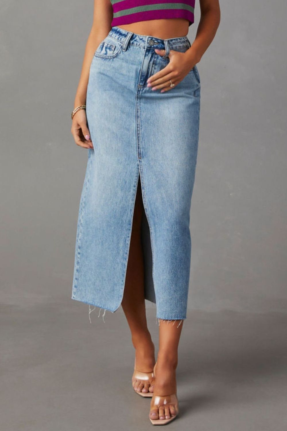 Slit Raw Hem Midi Denim Skirt-BOTTOMS SIZES SMALL MEDIUM LARGE-[Adult]-[Female]-2022 Online Blue Zone Planet