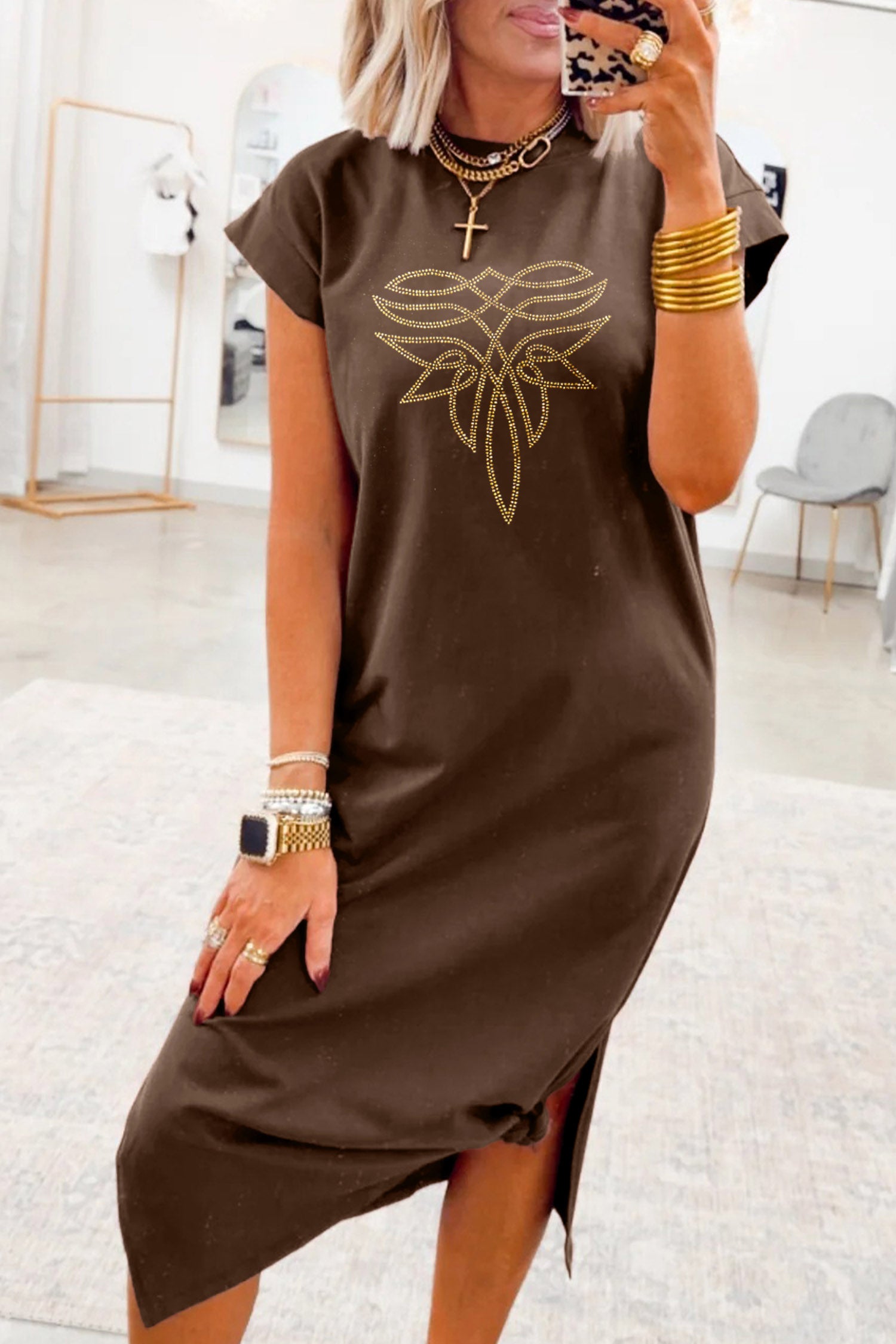 Red Sandalwood Rhinestone Western Graphic Side Slit Midi T-Shirt Dress-TOPS / DRESSES-[Adult]-[Female]-2022 Online Blue Zone Planet
