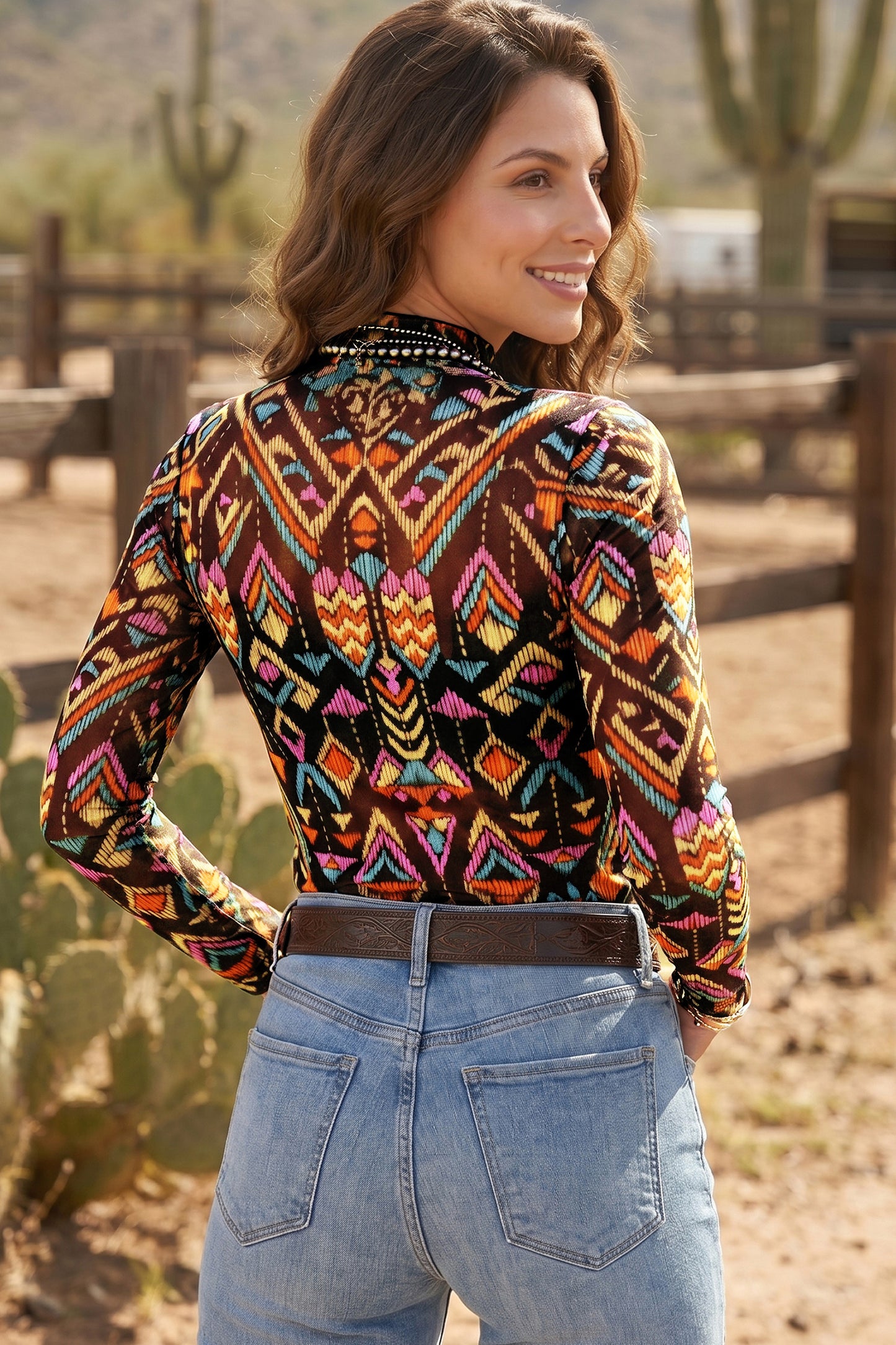 Color black Abstract Print Long Sleeve Stand Neck Mesh Top-Tops/Long Sleeve Tops-[Adult]-[Female]-2022 Online Blue Zone Planet