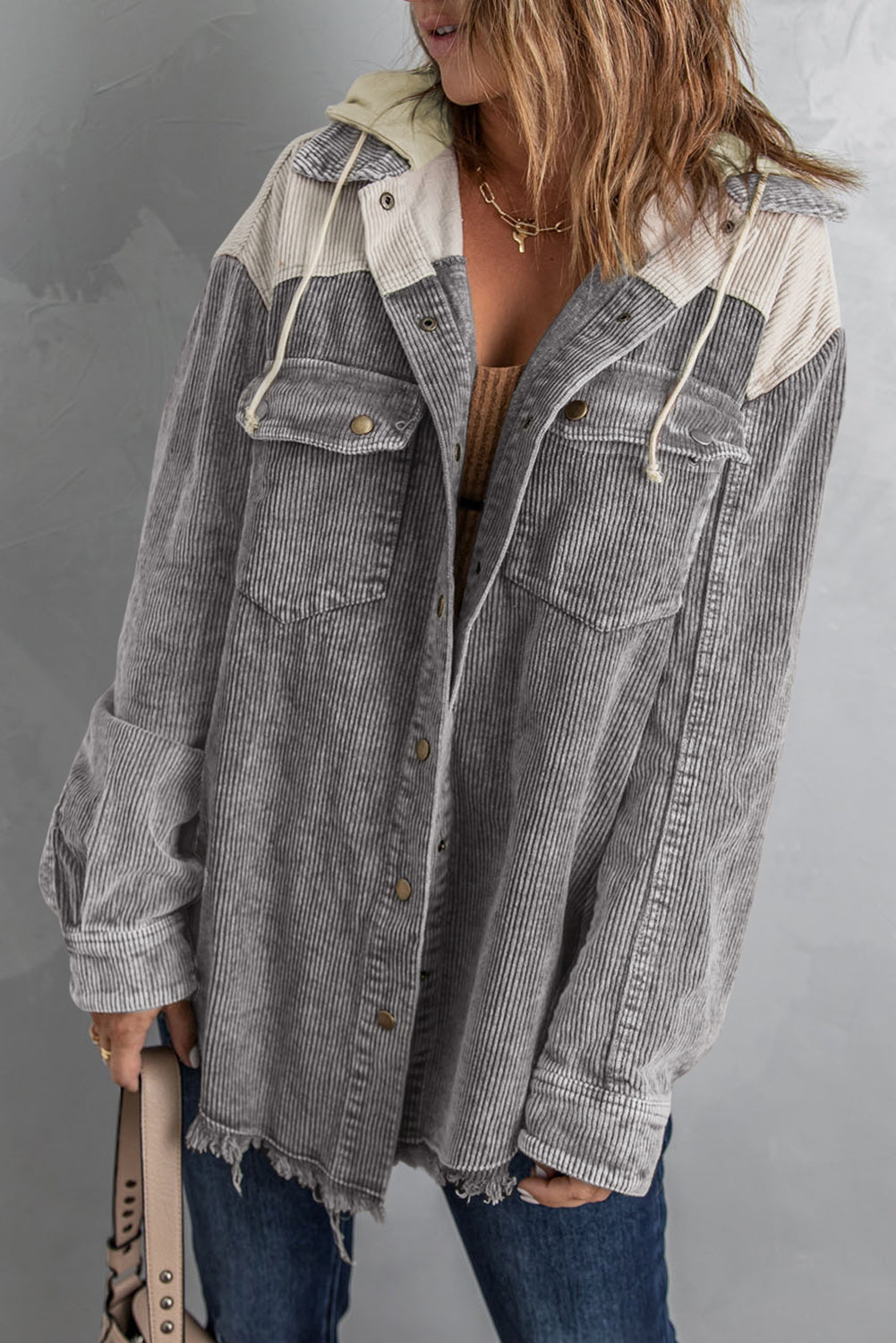 Gray Color Block Button Down Hooded Corduroy Jacket-Outerwear/Jackets-[Adult]-[Female]-Gray-2-S-2022 Online Blue Zone Planet