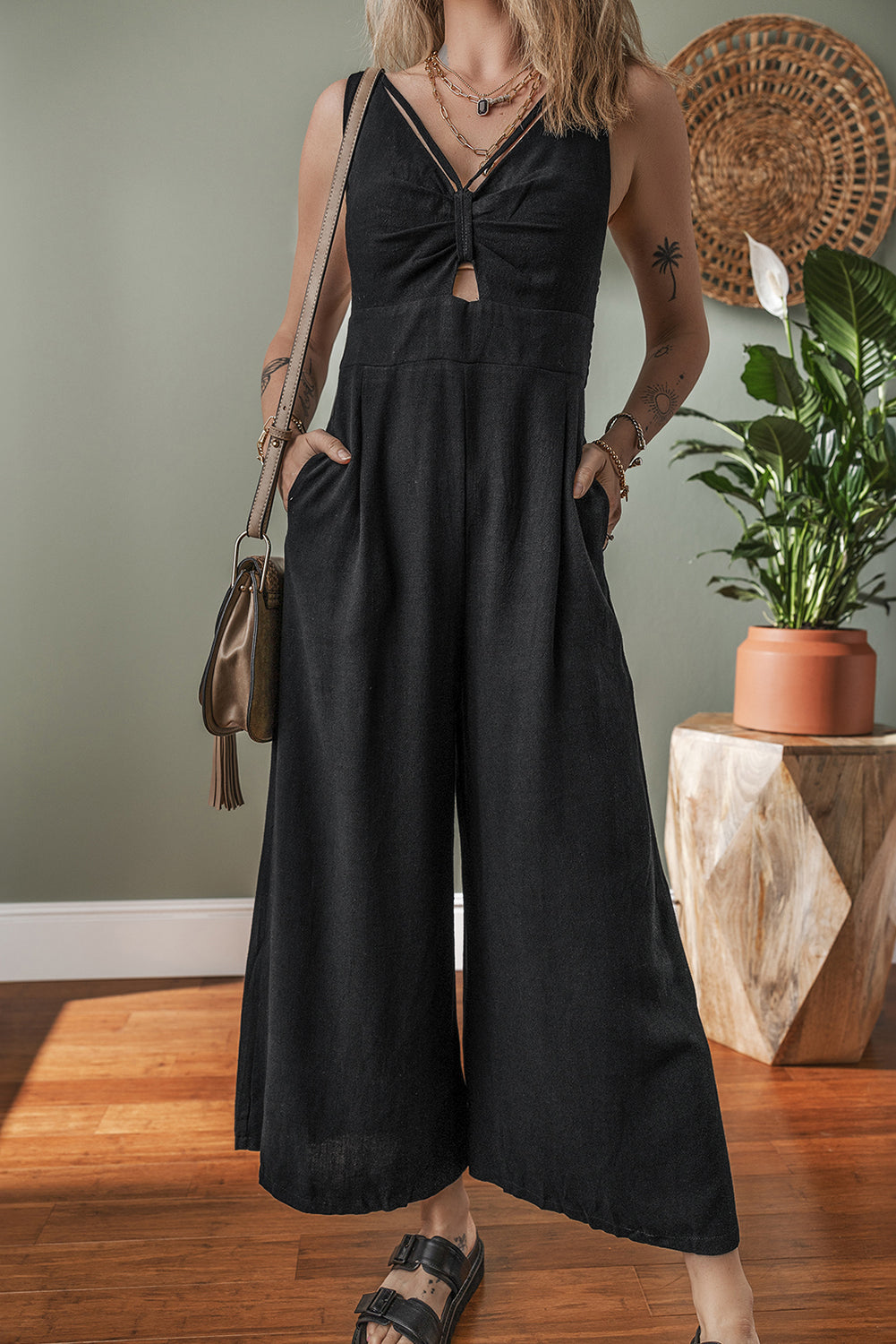 Black Front Cut Out Smocked Back Sleeveless Wide Leg Jumpsuit-Bottoms/Jumpsuits & Rompers-[Adult]-[Female]-2022 Online Blue Zone Planet