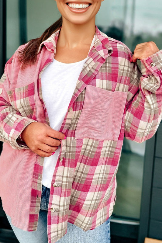 Pink Waffle Patch Pocket Plaid Patchwork Plus Size Shirt-Plus Size/Plus Size Outerwear-[Adult]-[Female]-2022 Online Blue Zone Planet