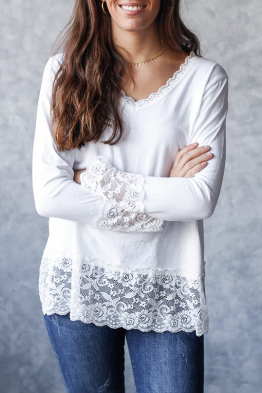 White Lace Trim V Neck Cuffed Long Sleeve Loose Top-Tops/Long Sleeve Tops-[Adult]-[Female]-2022 Online Blue Zone Planet