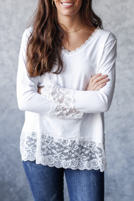 White Lace Trim V Neck Cuffed Long Sleeve Loose Top-Tops/Long Sleeve Tops-[Adult]-[Female]-2022 Online Blue Zone Planet