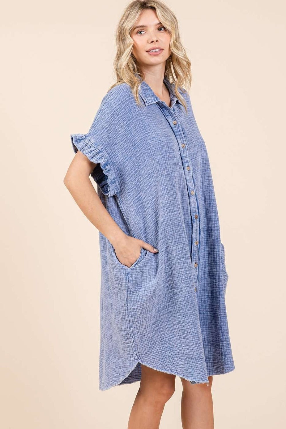 Blue Zone Planet | Mittoshop Mineral Wash Cotton Gauze Mini Shirt Dress-TOPS / DRESSES-[Adult]-[Female]-2022 Online Blue Zone Planet