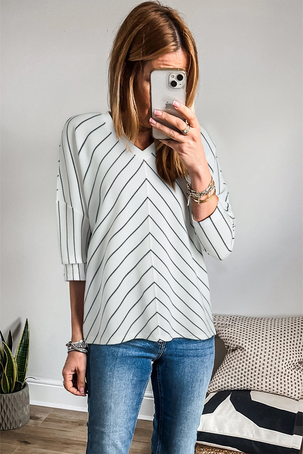 Blue Zone Planet | Black Stripe Chevron Striped V Neck Long Sleeve Casual Top-Tops/Long Sleeve Tops-[Adult]-[Female]-2022 Online Blue Zone Planet