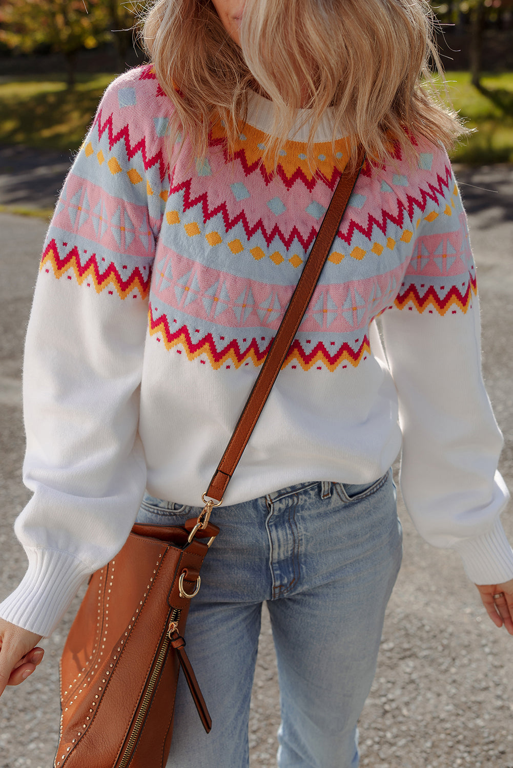 White Ethnic Geometric Colorblock Print Drop Shoulder Sweater-Sweaters & Cardigans/Sweaters-[Adult]-[Female]-2022 Online Blue Zone Planet
