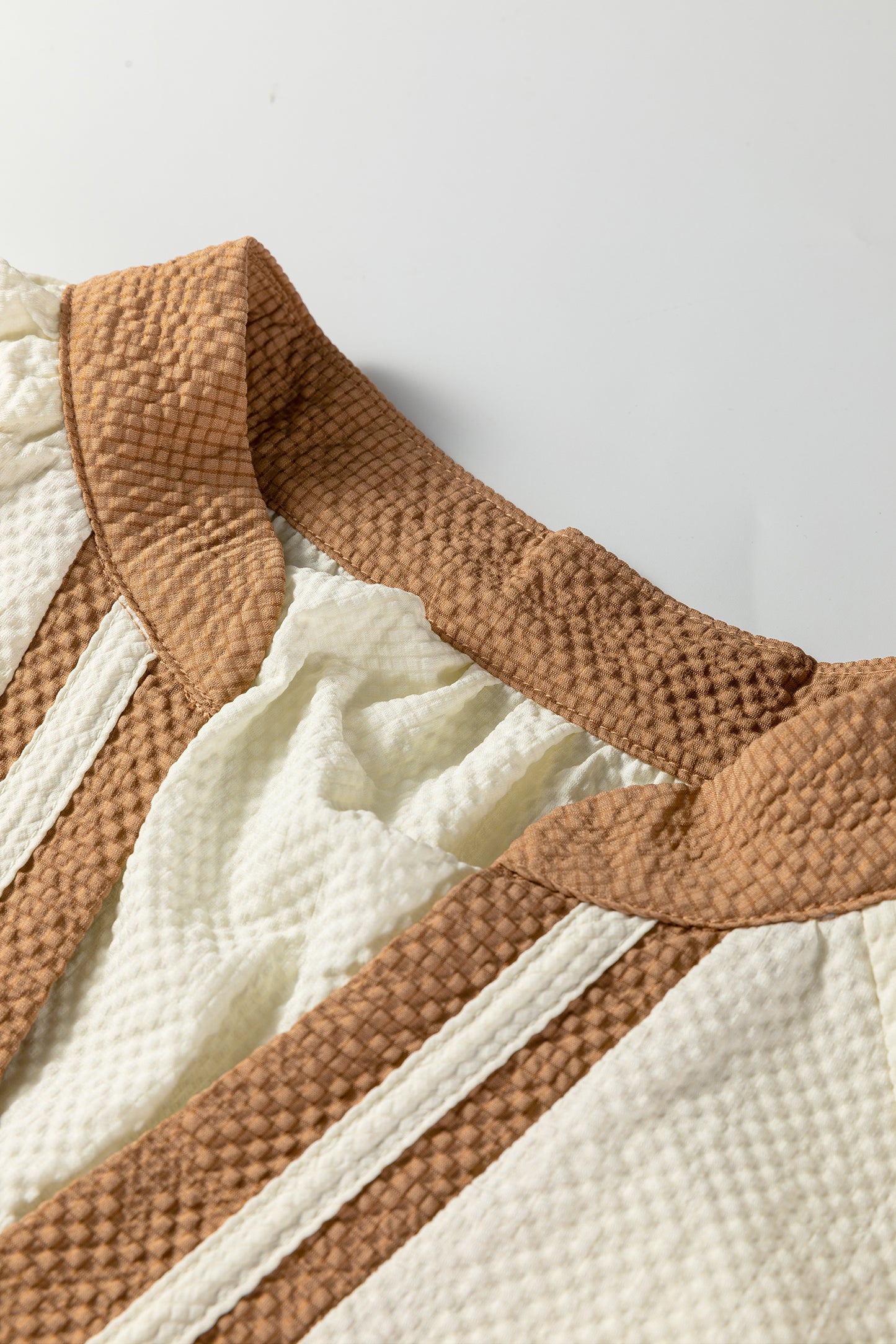 Jet Stream Color Block Patchwork Detail V Neck Textured Long Sleeve Blouse-Tops/Blouses & Shirts-[Adult]-[Female]-2022 Online Blue Zone Planet