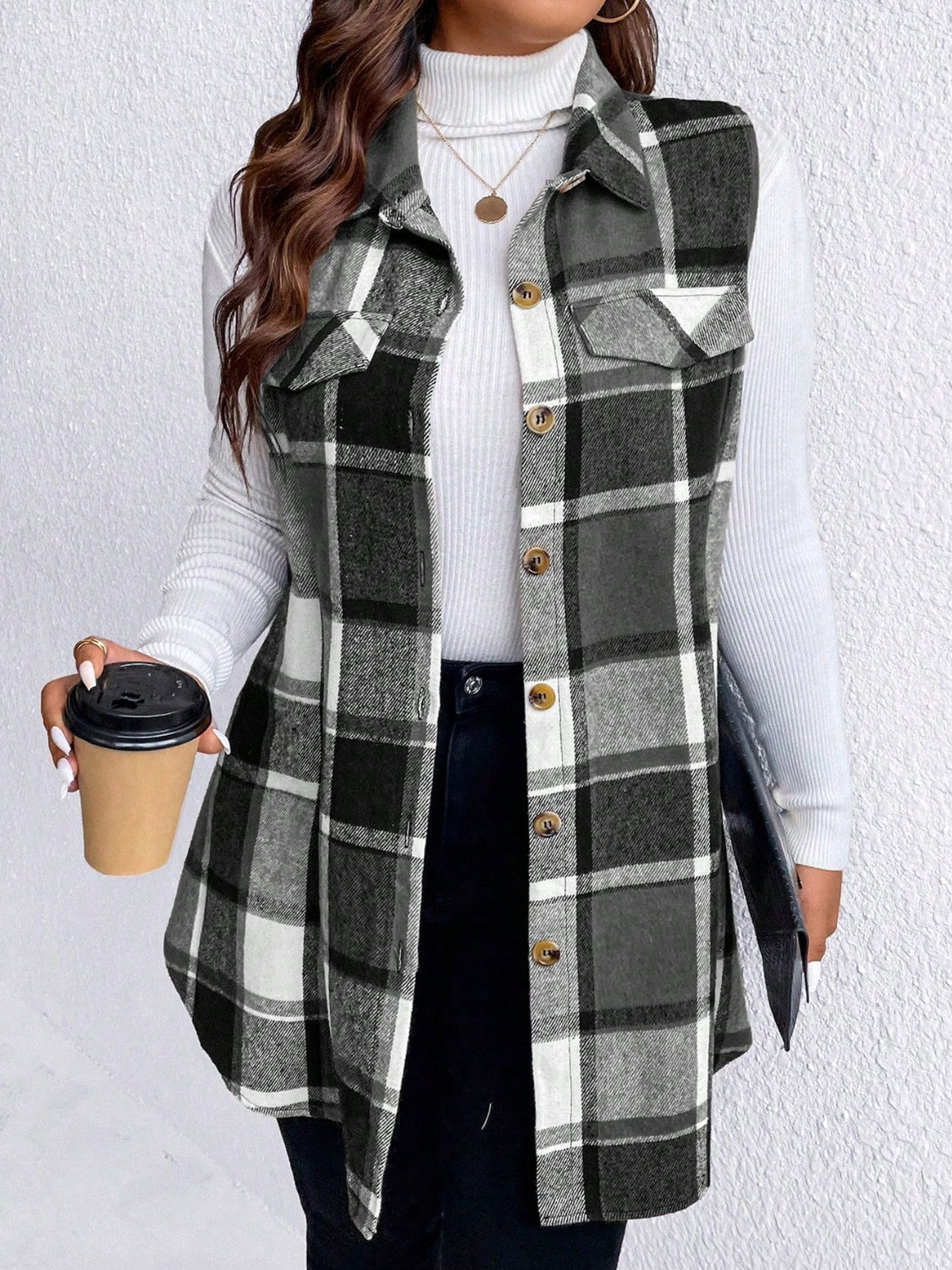 Honey Plus Size Pocketed Plaid Button Up Vest Coat-TOPS / DRESSES-[Adult]-[Female]-2022 Online Blue Zone Planet