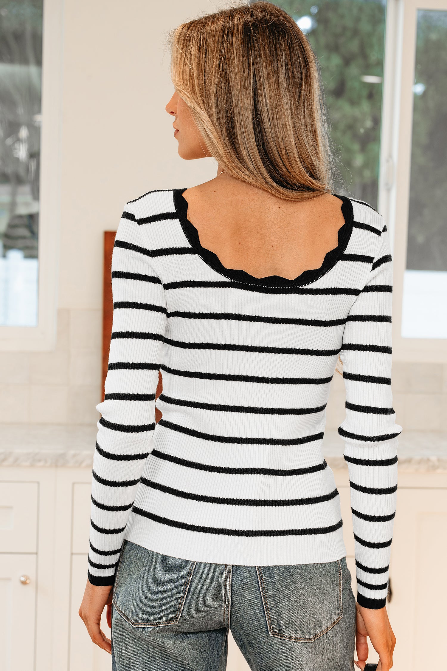 Black White Scalloped Trim U Neck Striped Ribbed Slim Sweater-Sweaters & Cardigans/Sweaters-[Adult]-[Female]-2022 Online Blue Zone Planet
