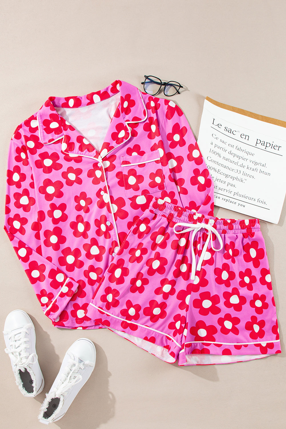 Pink Flower Print Long Sleeve Shirt Shorts Pajamas Set-Loungewear & Sleepwear/Sleepwear-[Adult]-[Female]-2022 Online Blue Zone Planet