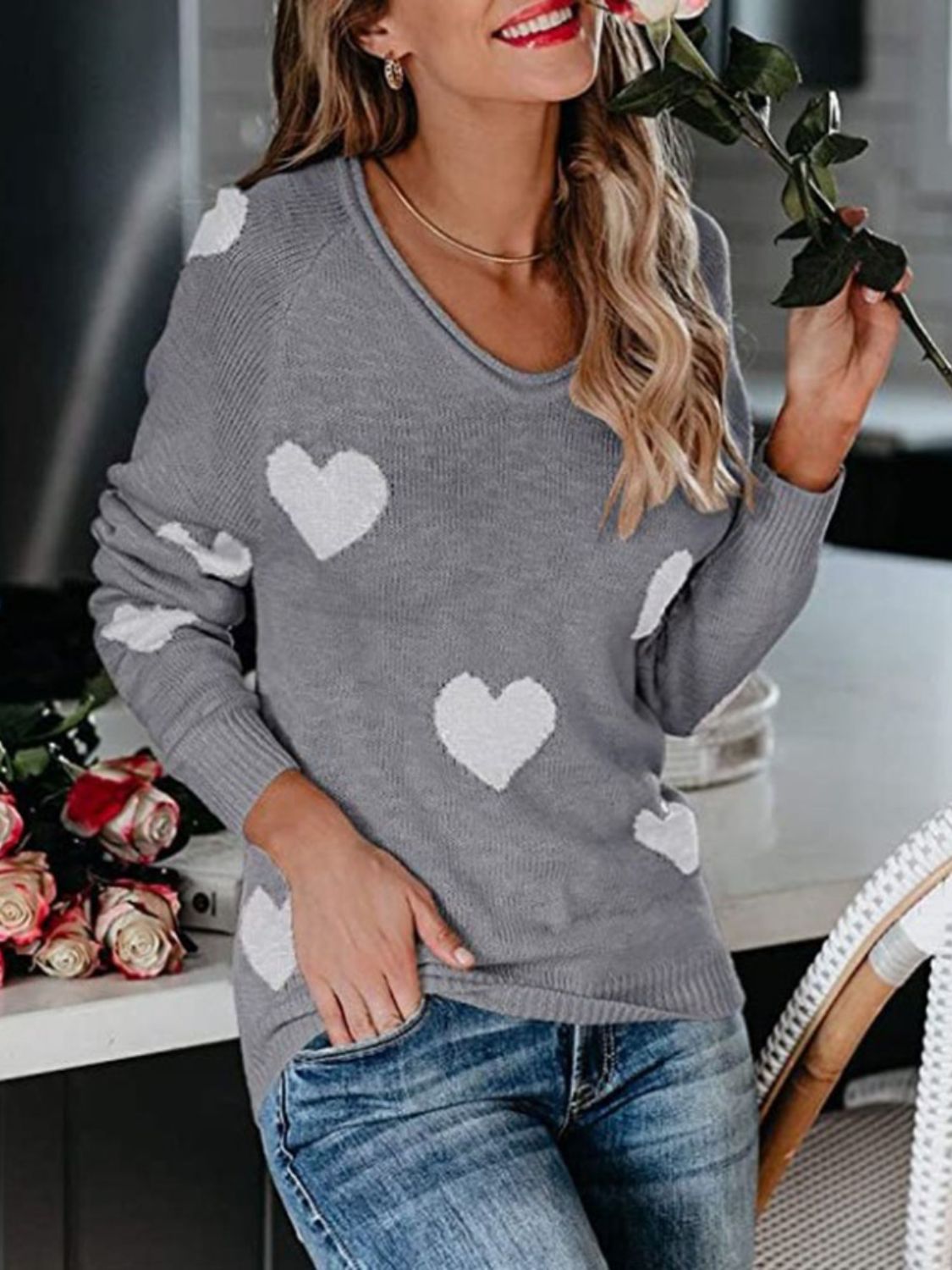 Heart Scoop Neck Long Sleeve Sweater-TOPS / DRESSES-[Adult]-[Female]-2022 Online Blue Zone Planet