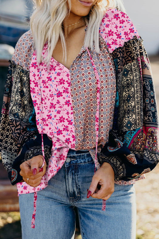 Pink Boho Mixed Floral Drop Shoulder Bubble Sleeve Blouse-Tops/Blouses & Shirts-[Adult]-[Female]-Pink-S-2022 Online Blue Zone Planet