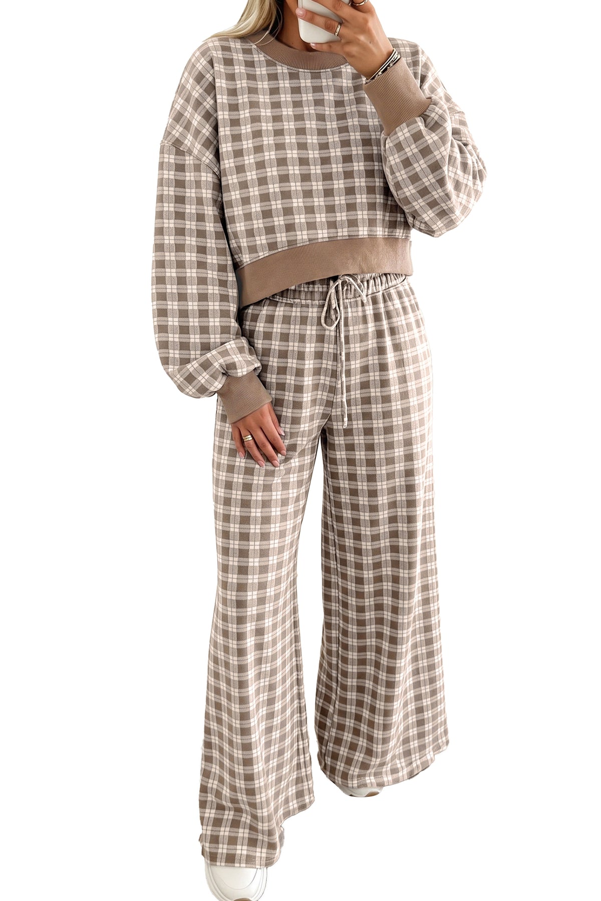 Pink Plaid Long Sleeve Drop Shoulder Top Ribbed Color Block Trim Two Piece Pant Set-Two Piece Sets/Pant Sets-[Adult]-[Female]-2022 Online Blue Zone Planet