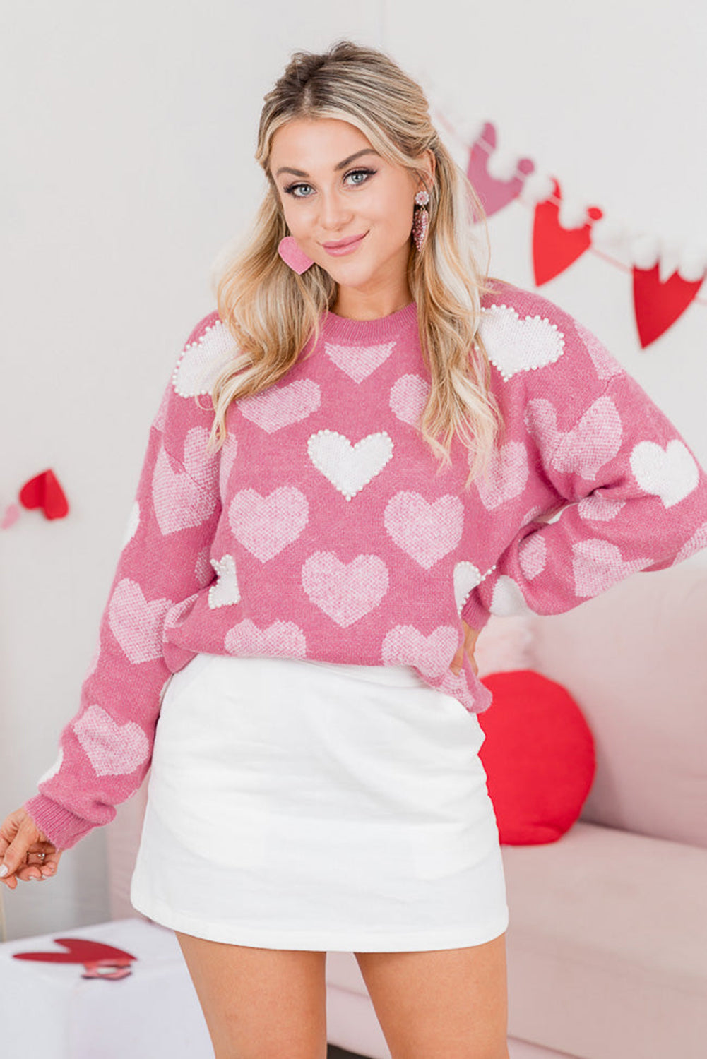 Pink Pearl Heart Print Valentines Crew Neck Sweater-TOPS / DRESSES-[Adult]-[Female]-2022 Online Blue Zone Planet
