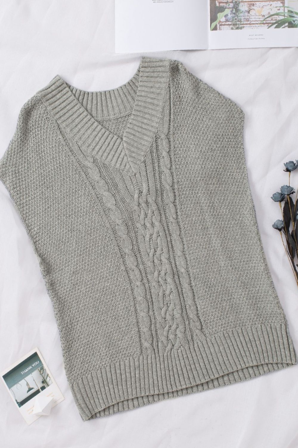 Cable-Knit V-Neck Sweater Vest-TOPS / DRESSES-[Adult]-[Female]-2022 Online Blue Zone Planet