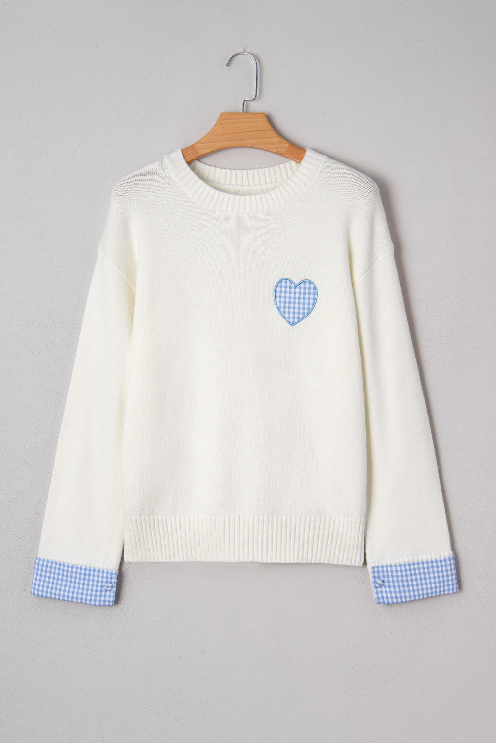 White Plaid Heart Embroidered Cuffed Drop Shoulder Crew Neck Sweater-TOPS / DRESSES-[Adult]-[Female]-2022 Online Blue Zone Planet
