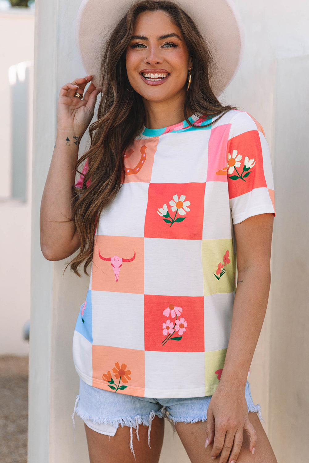 Orange Western Fashion Checker Print Crewneck T Shirt-Tops/Tops & Tees-[Adult]-[Female]-2022 Online Blue Zone Planet