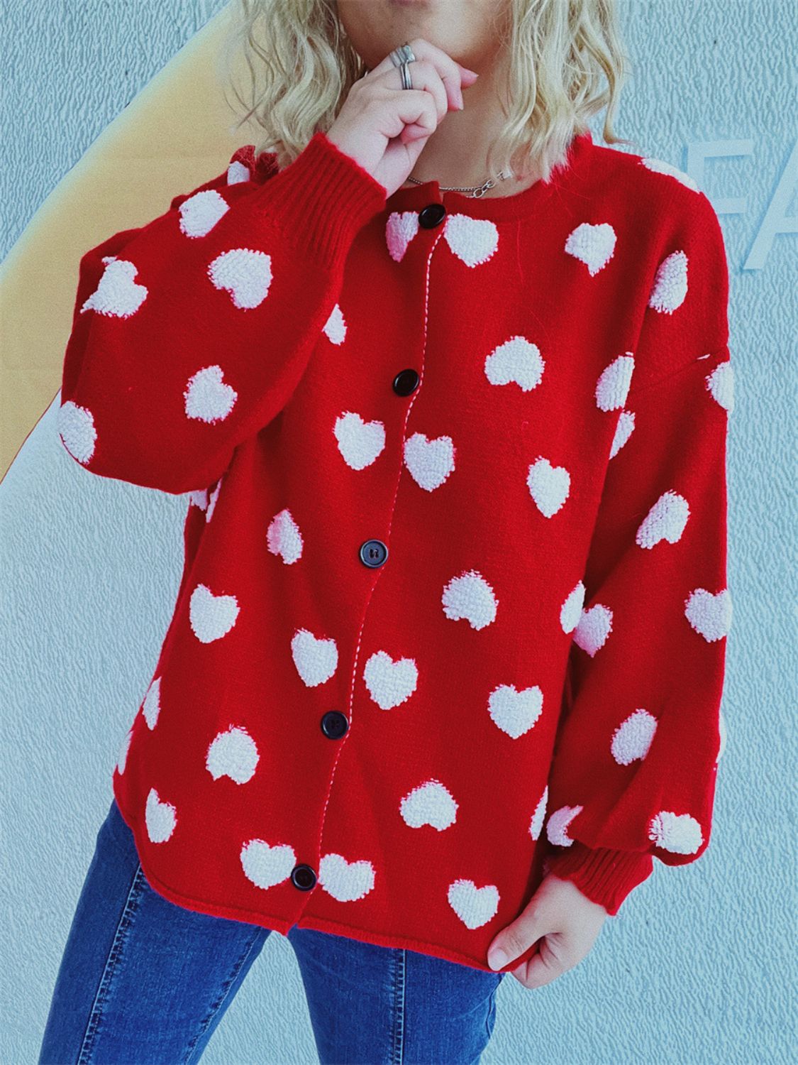 Heart Button Up Long Sleeve Cardigan-TOPS / DRESSES-[Adult]-[Female]-Deep Red-One Size-2022 Online Blue Zone Planet