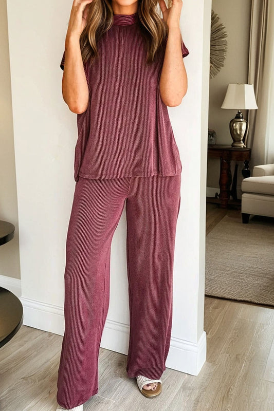 Burgundy Twisted Ribbed High Neck Loose Tee Elastic High Waist Loose Pant Set-Two Piece Sets/Pant Sets-[Adult]-[Female]-2022 Online Blue Zone Planet