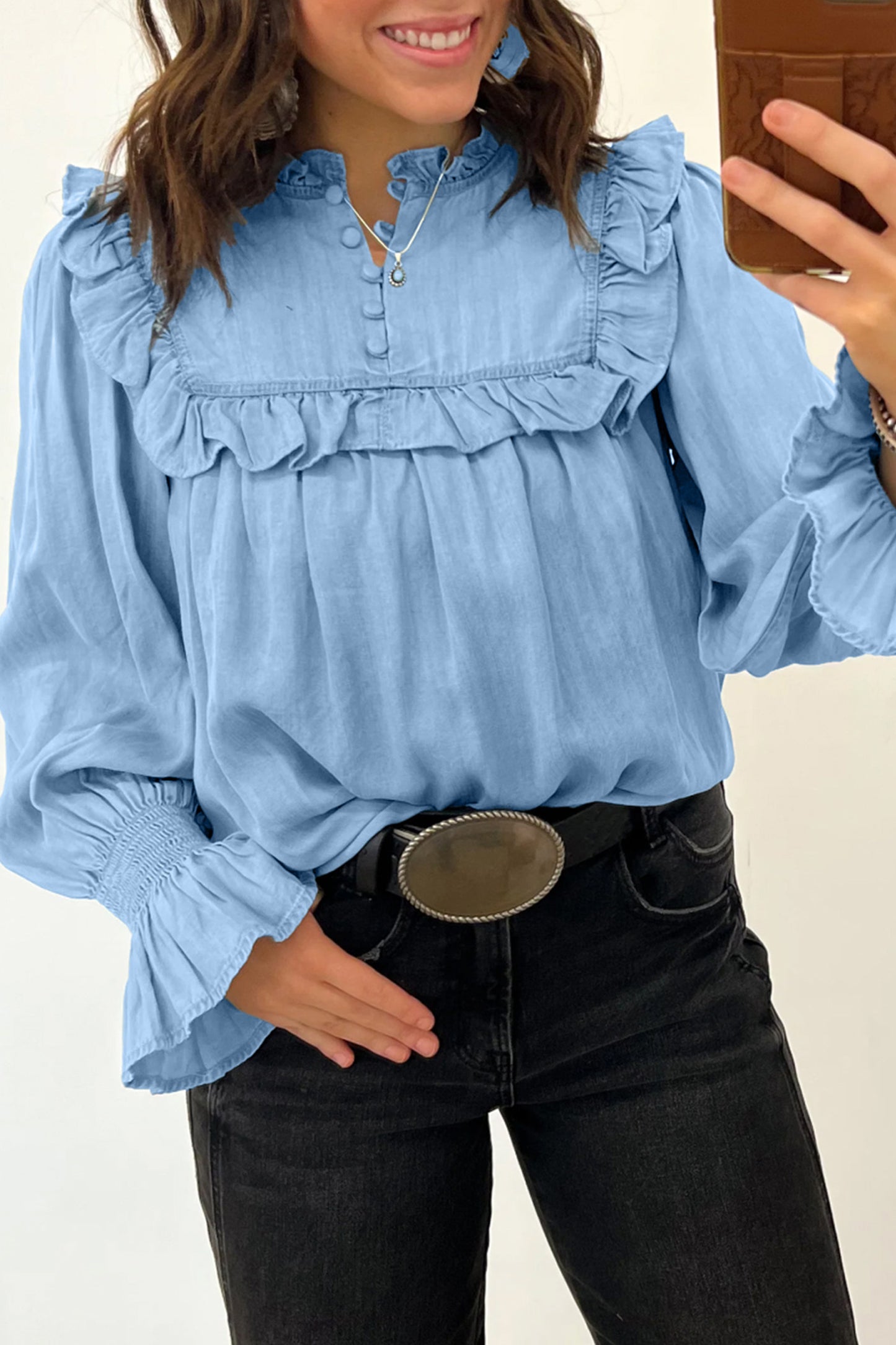 Beau Blue Western Ruffle V Neck Long Sleeve Chambray Blouse-Tops/Blouses & Shirts-[Adult]-[Female]-2022 Online Blue Zone Planet