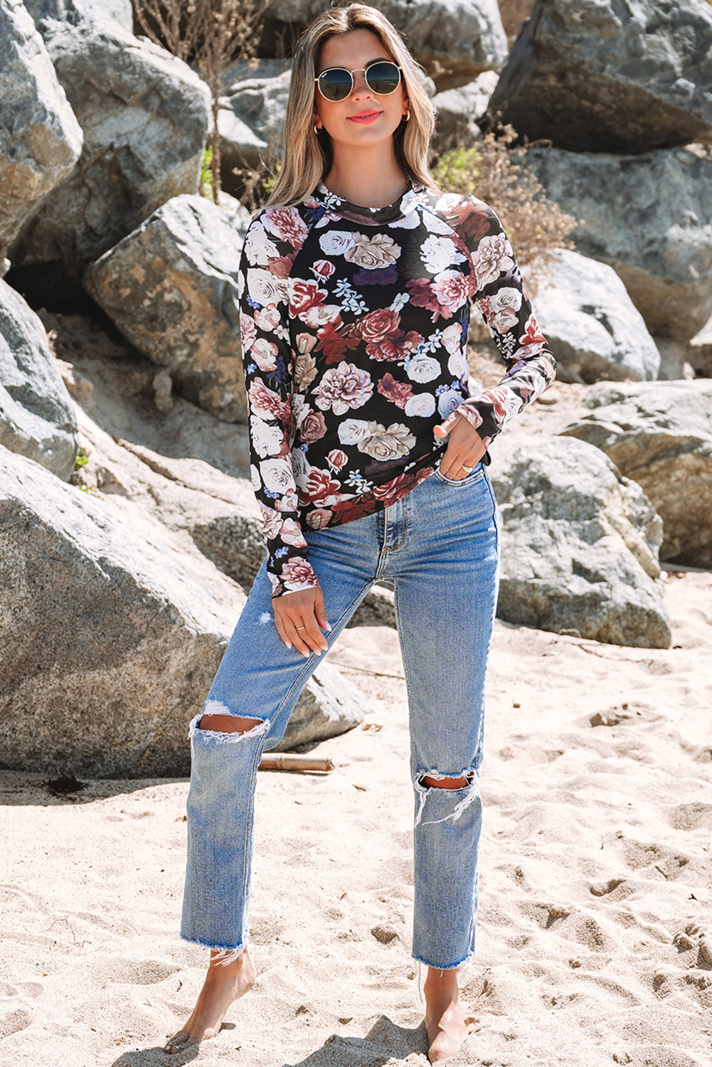 Pink Mesh Floral Print Mock Neck Long Sleeve Slim Top-Tops/Long Sleeve Tops-[Adult]-[Female]-2022 Online Blue Zone Planet