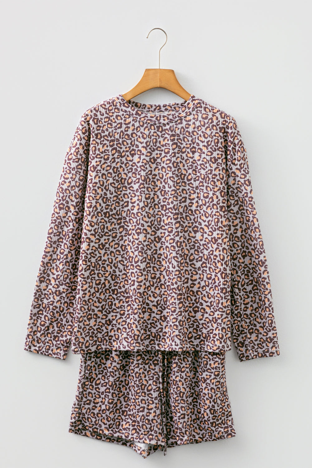 Khaki Leopard Ribbed Long Sleeve Top Drawstring Shorts 2pcs Outfit-Two Piece Sets/Short Sets-[Adult]-[Female]-2022 Online Blue Zone Planet