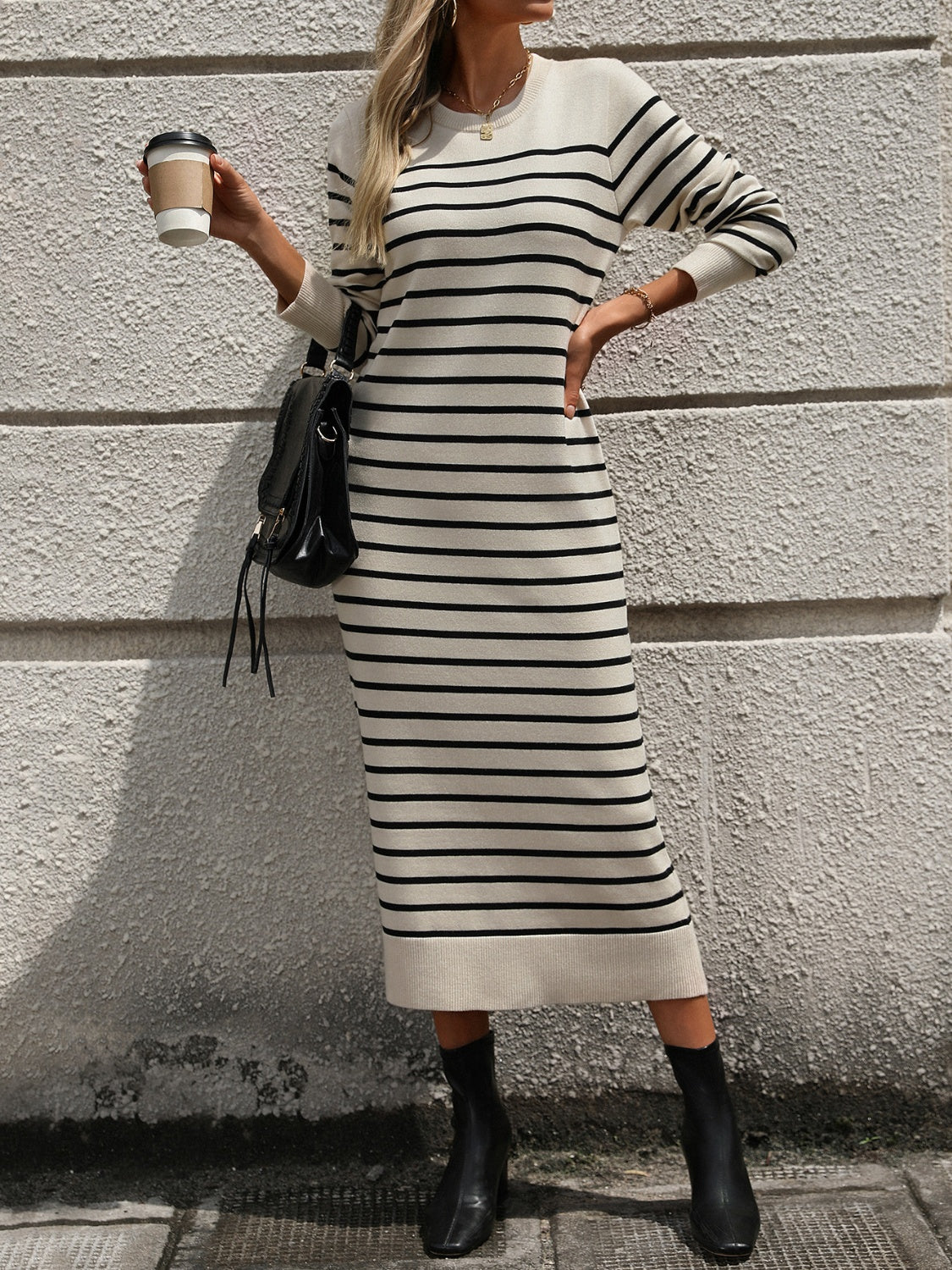 Blue Zone Planet | Striped Round Neck Long Sleeve Dress-TOPS / DRESSES-[Adult]-[Female]-2022 Online Blue Zone Planet