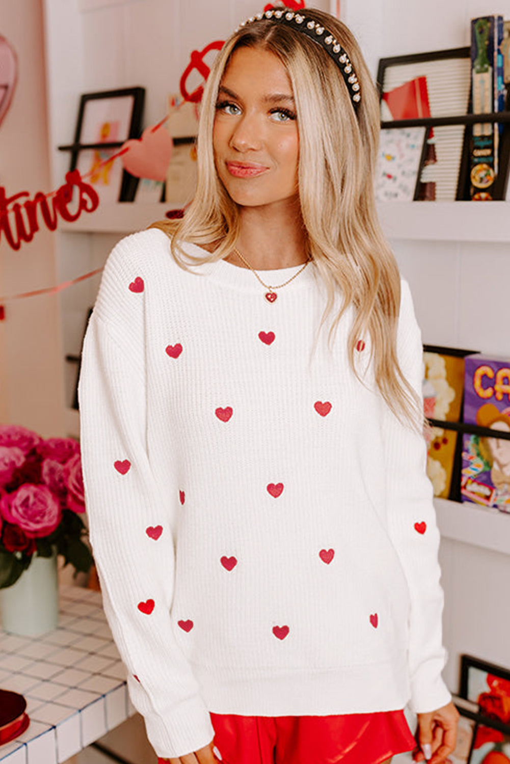 White Heart Shape Drop Shoulder Round Neck Sweater-Sweaters & Cardigans/Sweaters-[Adult]-[Female]-2022 Online Blue Zone Planet