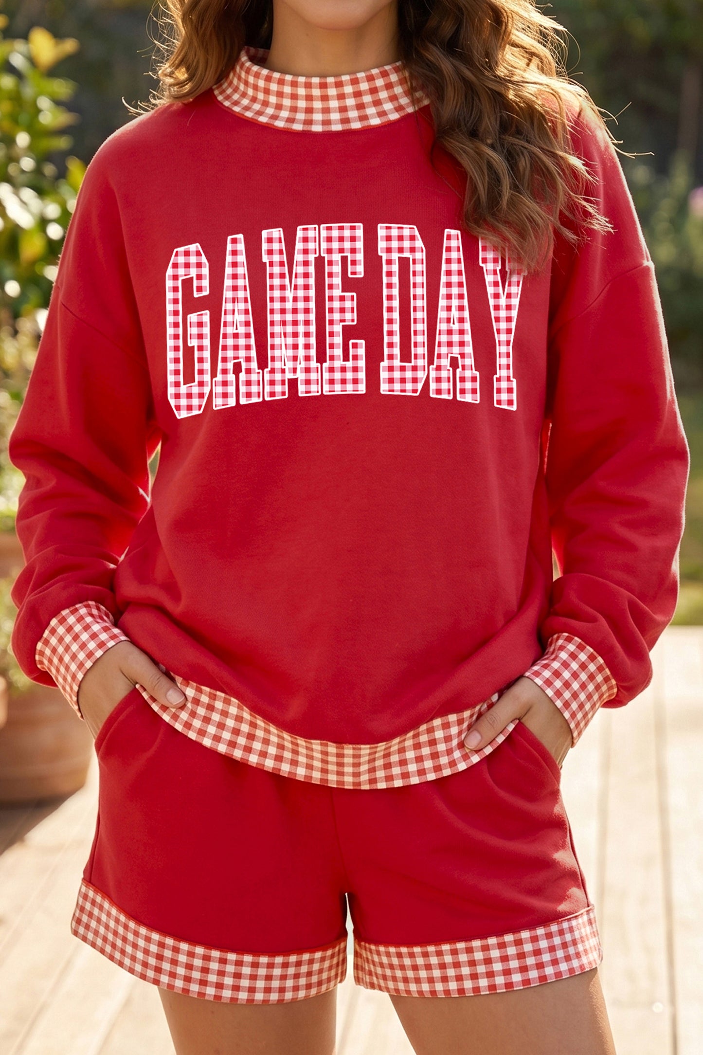 Fiery Red Game Day Gingham Trim Graphic Long Sleeve Top Shorts Set-Graphic/Graphic Sets-[Adult]-[Female]-2022 Online Blue Zone Planet