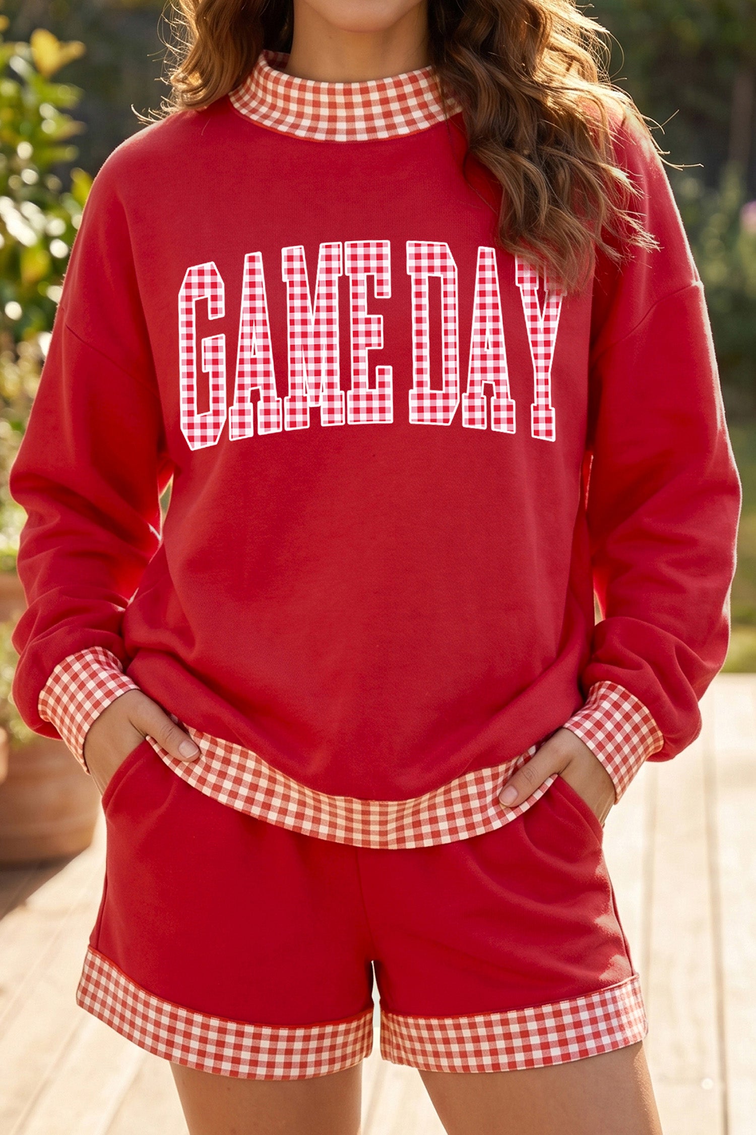 Fiery Red Game Day Gingham Trim Graphic Long Sleeve Top Shorts Set-Graphic/Graphic Sets-[Adult]-[Female]-2022 Online Blue Zone Planet