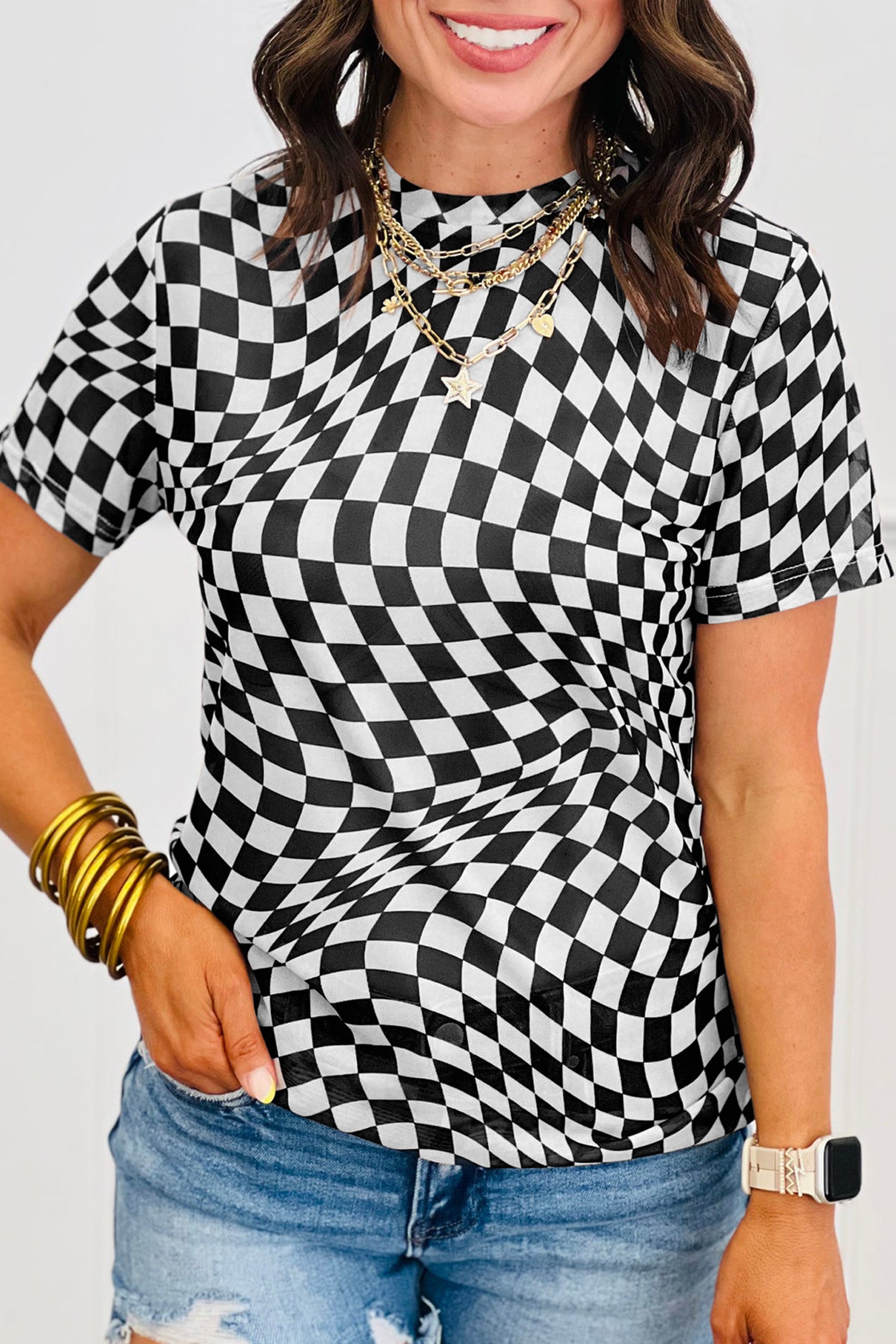 Black Checkered Print Mock Neck Mesh T Shirt-Tops/Tops & Tees-[Adult]-[Female]-Black-S-2022 Online Blue Zone Planet