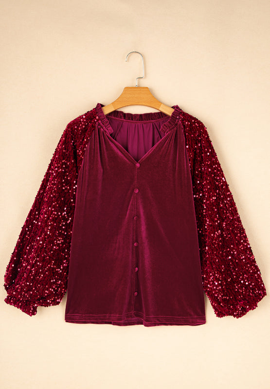 Sequin Notched Long Sleeve Blouse-TOPS / DRESSES-[Adult]-[Female]-2022 Online Blue Zone Planet