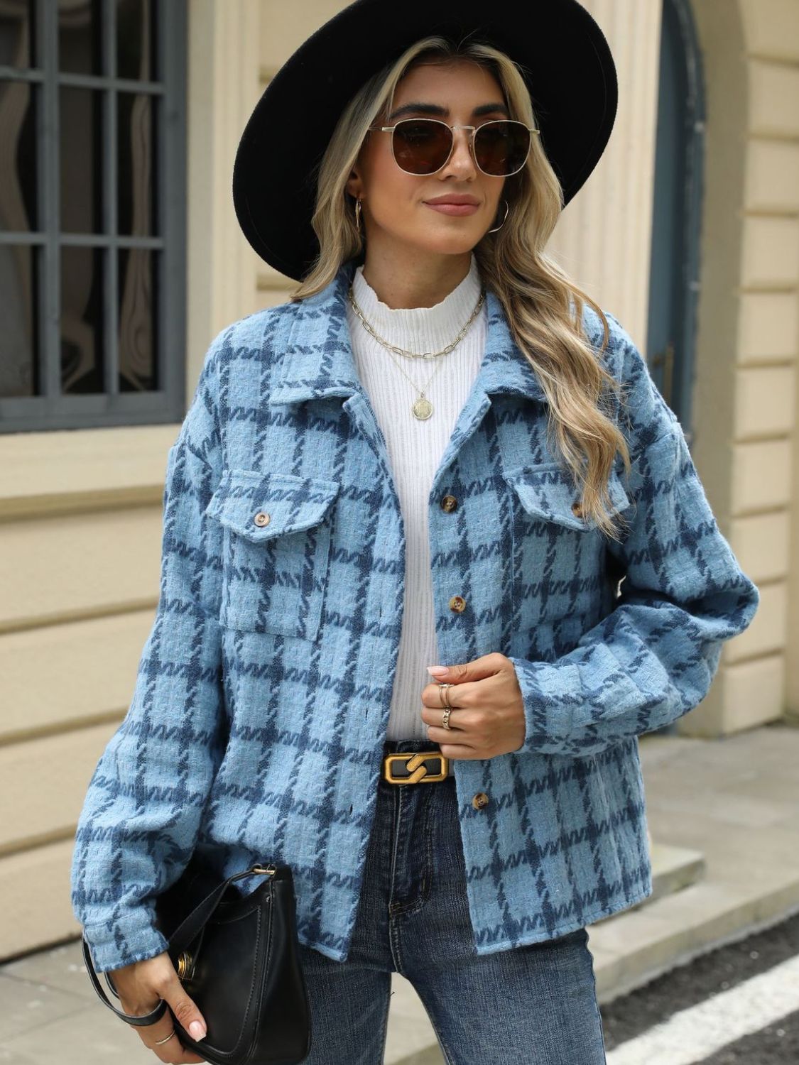 Plaid Collared Neck Long Sleeve Jacket-TOPS / DRESSES-[Adult]-[Female]-2022 Online Blue Zone Planet