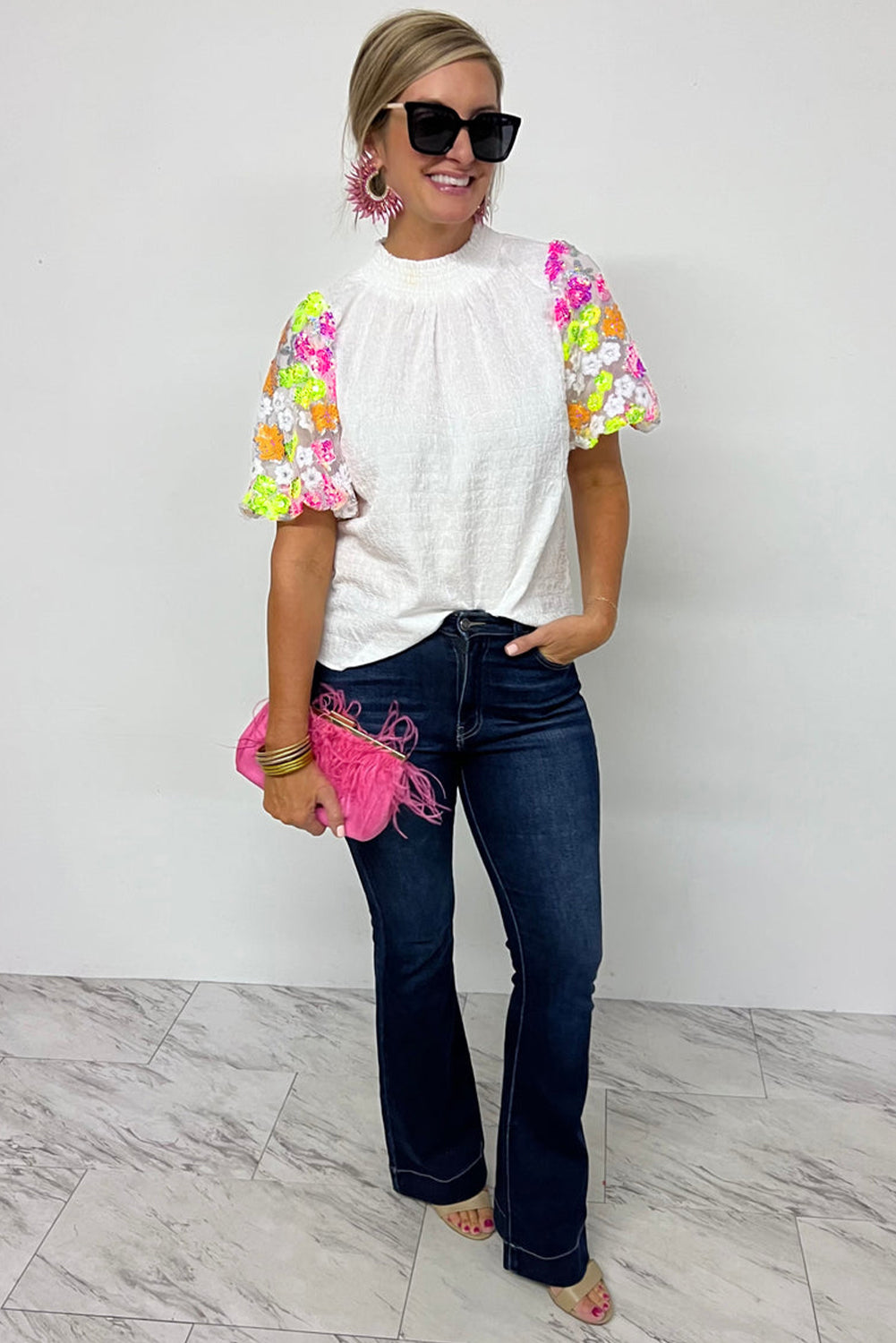 White Smocked Collar Sequin Flower Puff Sleeve Textured Top-Tops/Tops & Tees-[Adult]-[Female]-2022 Online Blue Zone Planet