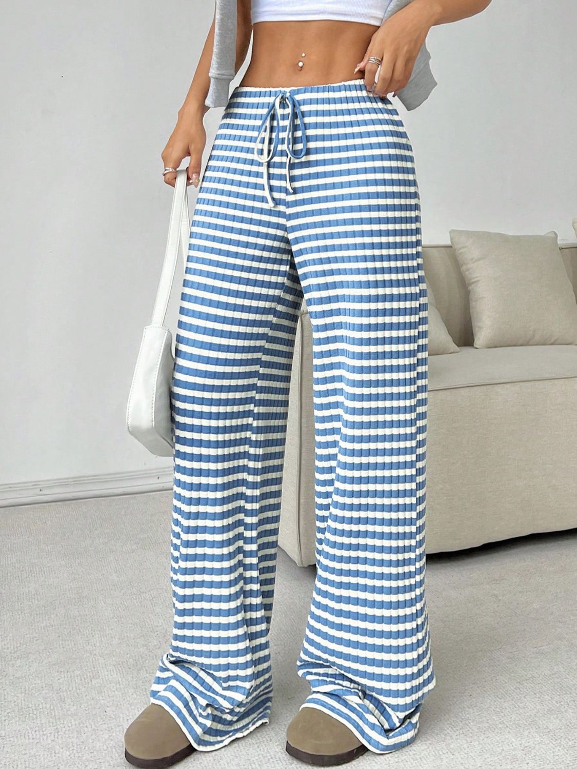 Blue Zone Planet | Tied Striped Wide Leg Pants-BOTTOMS SIZES SMALL MEDIUM LARGE-[Adult]-[Female]-2022 Online Blue Zone Planet