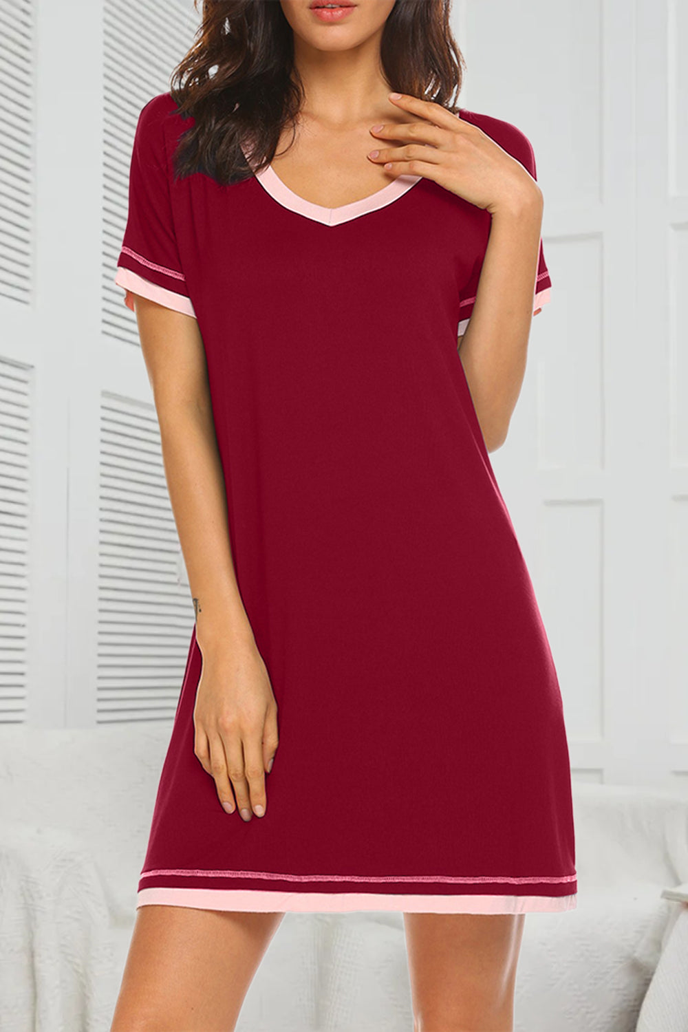 Blue Zone Planet | Contrast Trim Short Sleeve Lounge Dress-TOPS / DRESSES-[Adult]-[Female]-Burgundy-S-2022 Online Blue Zone Planet