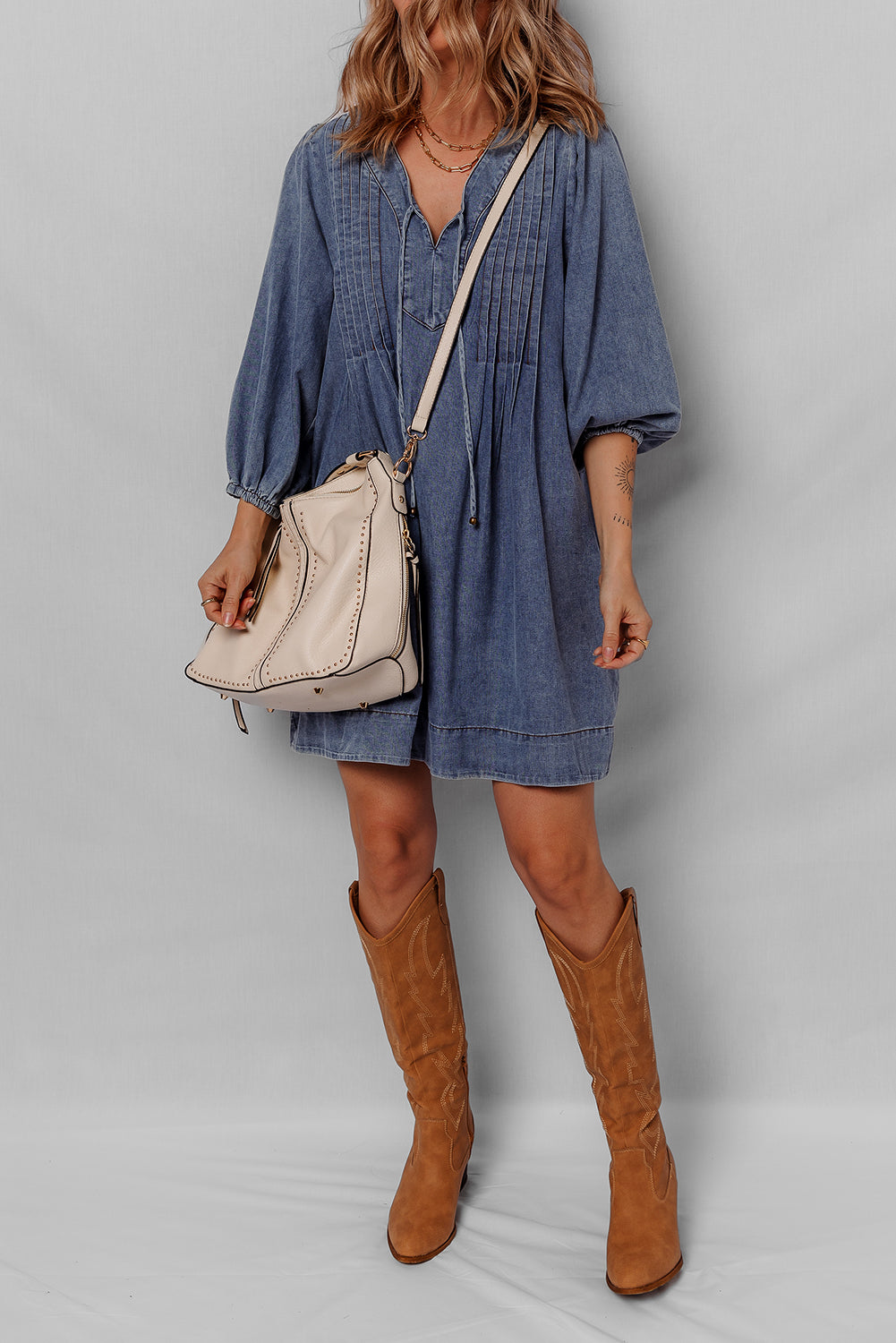 Sail Blue 3/4 Sleeve Tied V Neck Pleated Denim Mini Dress-TOPS / DRESSES-[Adult]-[Female]-2022 Online Blue Zone Planet