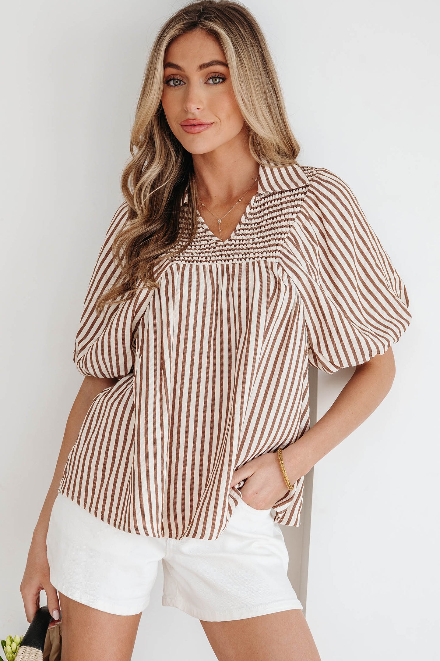 Brown Stripe Shirred V Neck Short Puff Sleeve Blouse-Tops/Blouses & Shirts-[Adult]-[Female]-2022 Online Blue Zone Planet