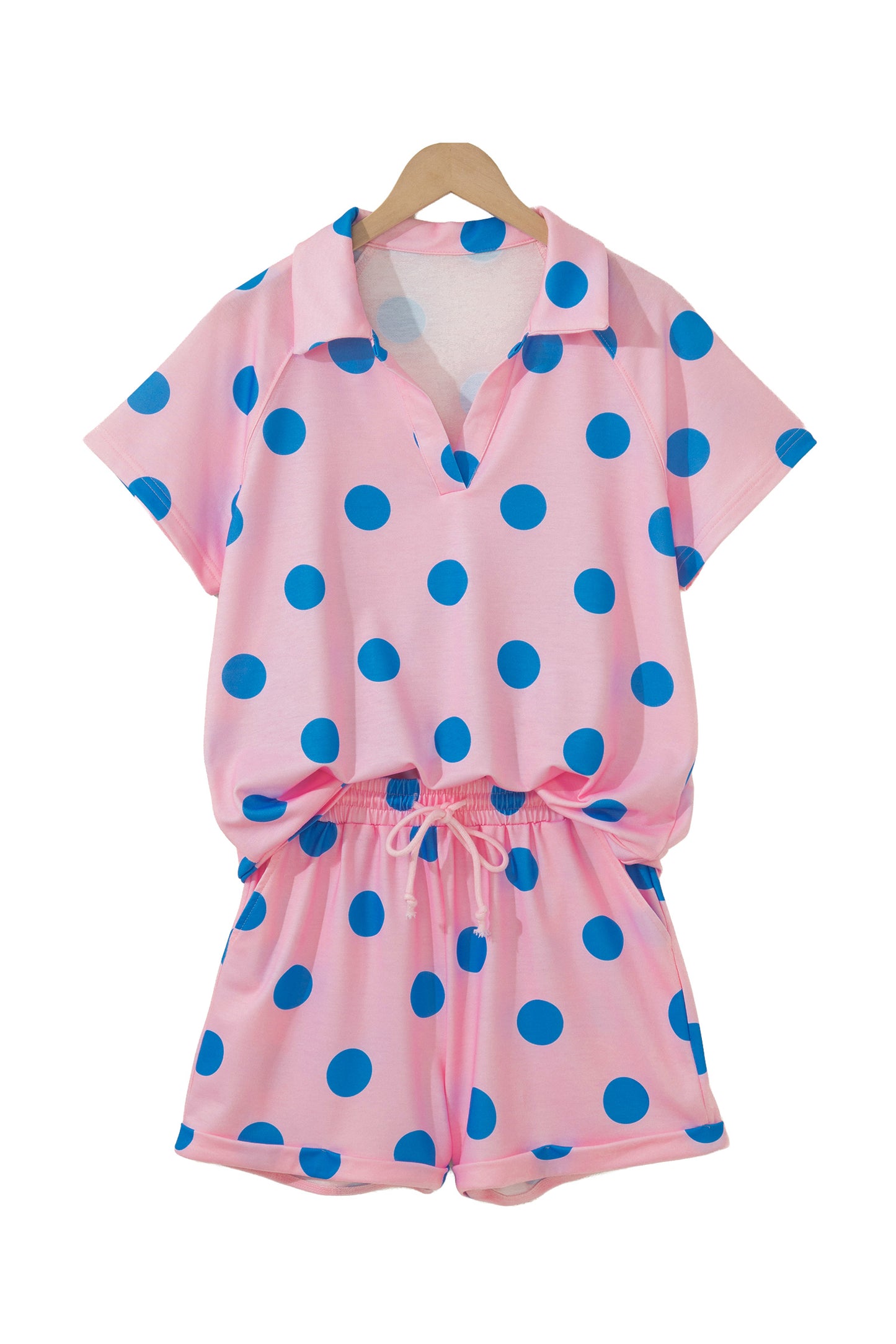 Beige Polka Dot Print V Neck Tee Short Set-Two Piece Sets/Short Sets-[Adult]-[Female]-2022 Online Blue Zone Planet