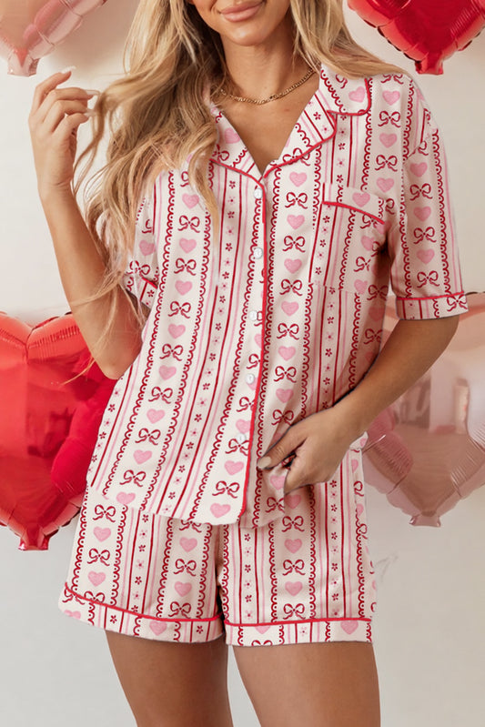 Red Cute Valentine Bow Heart Print Ribbon Decor Pajama Set-Loungewear Set-[Adult]-[Female]-Red-L-2022 Online Blue Zone Planet