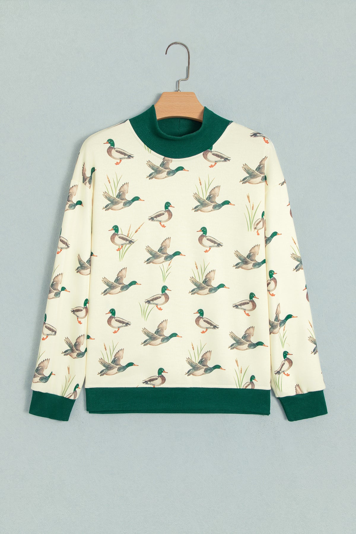 Multicolour Mallard Print Patchwork Colorblock High Neck Sweatshirt-Tops/Sweatshirts & Hoodies-[Adult]-[Female]-2022 Online Blue Zone Planet