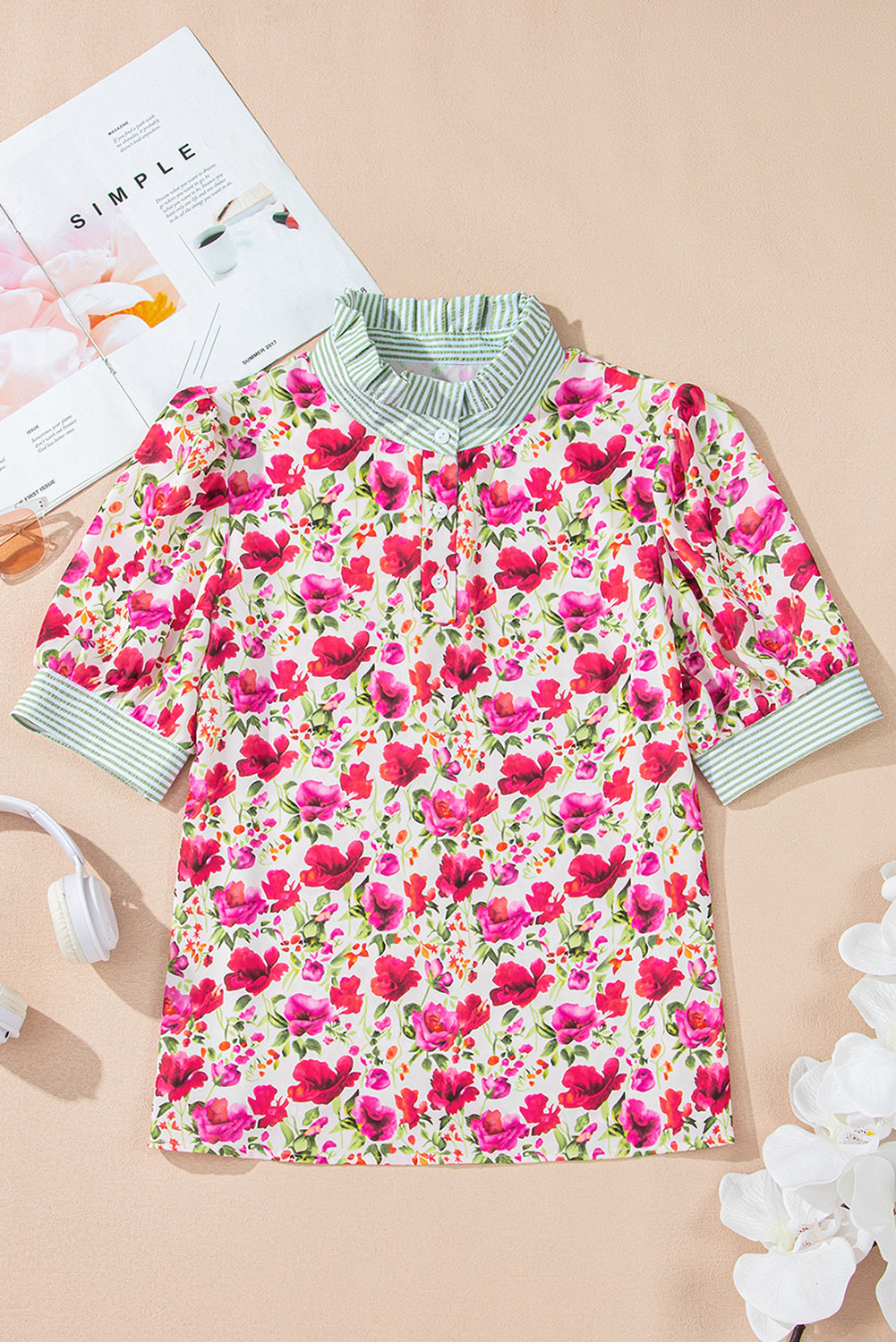 Red Floral Print Striped Patchwork Collared Short Sleeve Blouse-Tops/Blouses & Shirts-[Adult]-[Female]-2022 Online Blue Zone Planet
