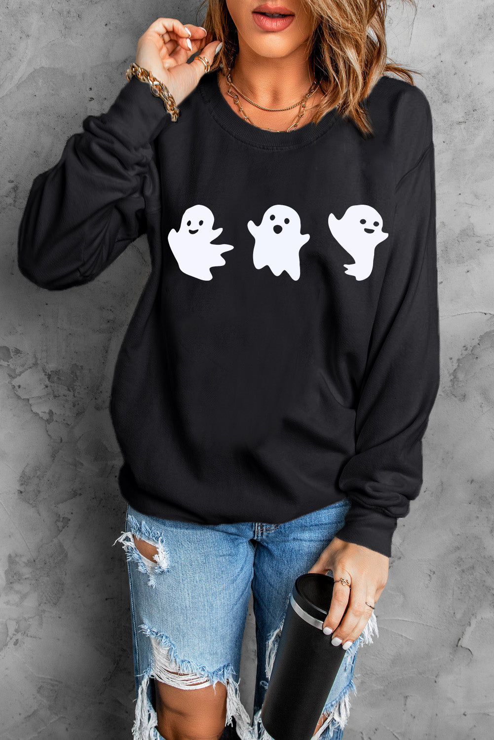 Blue Zone Planet | Ghost Round Neck Long Sleeve Sweatshirt-TOPS / DRESSES-[Adult]-[Female]-2022 Online Blue Zone Planet